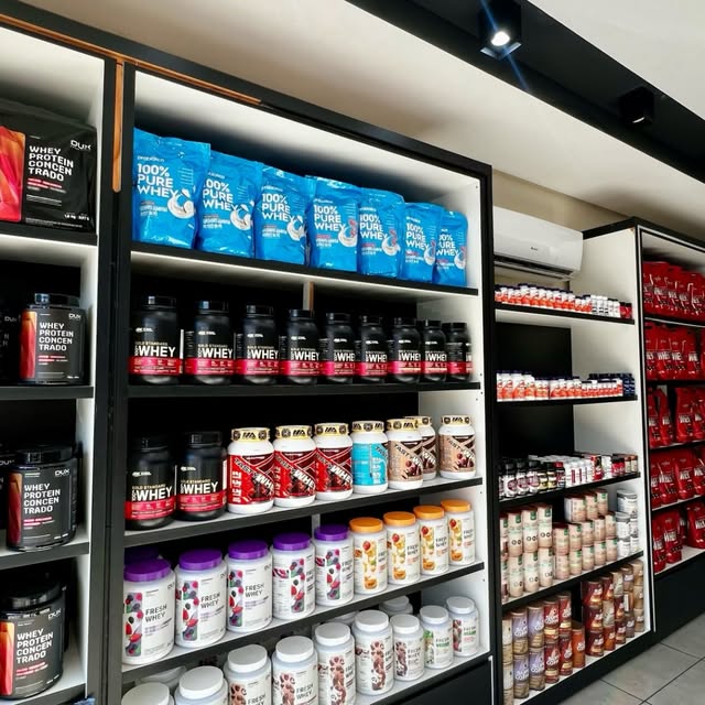 Interior da loja com prateleiras de suplementos organizadas
