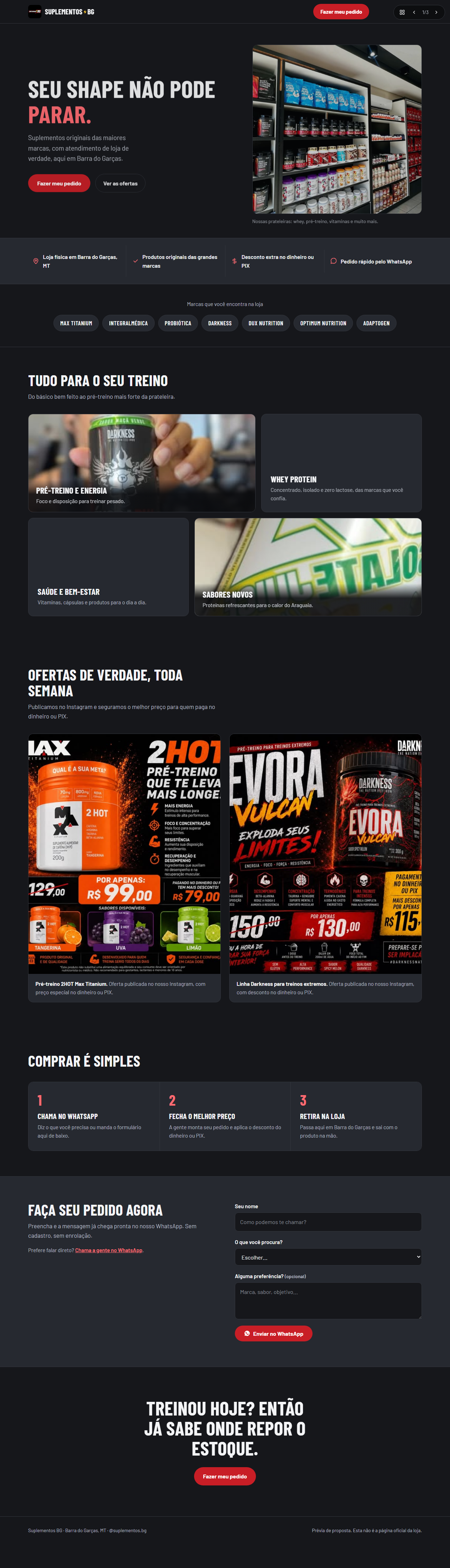 Prévia da proposta 1, tema vermelho com hero dividido
